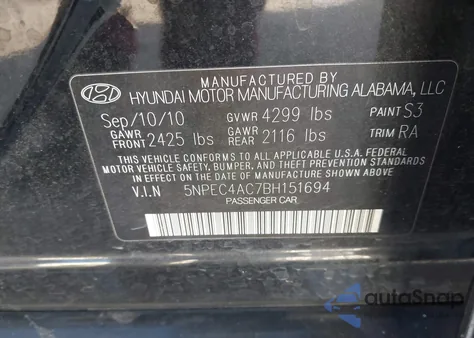 2011 Hyundai Sonata Limited from USA, damaged, VIN 5NPEC4AC7BH151694